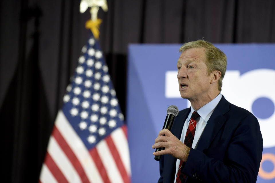 Democratic presidential hopeful Tom Steyer speaks at a town hall campaign event on Wednesday, Feb. 26, 2020, in Georgetown, S.C. (AP Photo/Meg Kinnard)