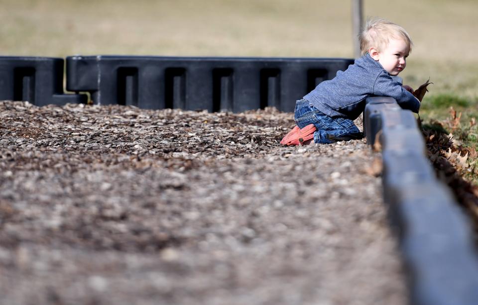 Royce Kauffman, 19 months, stops to take in the view during a family outing to Weis Park in Canton.