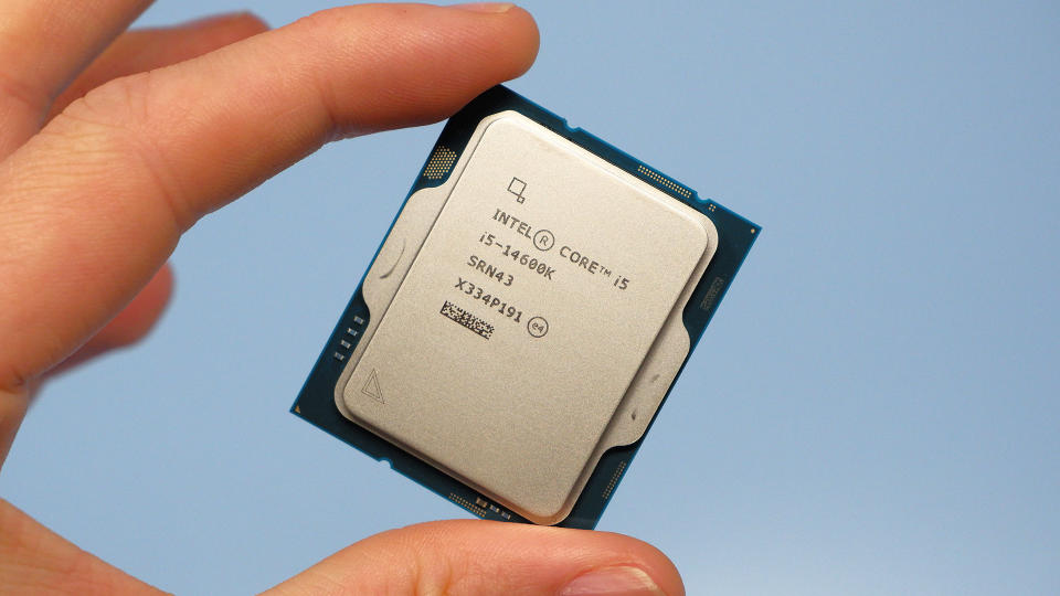 Intel Core i5 14600K on a blue box with Intel logo on it.