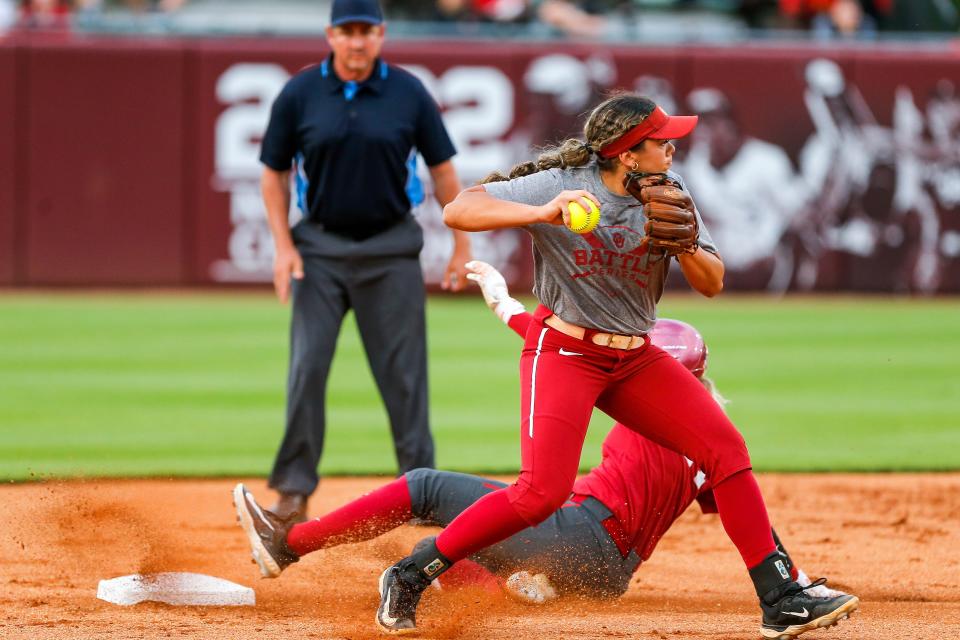 Oklahoma Alyssa Brito (33) forces a runner out at second base and throws to first during a University of Oklahoma (OU) softball scrimmage at Marita Hynes Field in Norman, Okla., on Wednesday, Oct. 11, 2023.