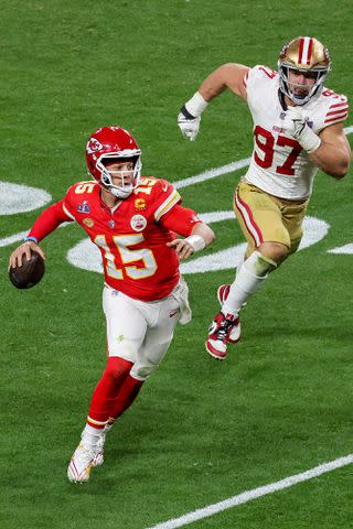 <p>Ethan Miller/Getty</p> Patrick Mahomes during the 2024 Super Bowl