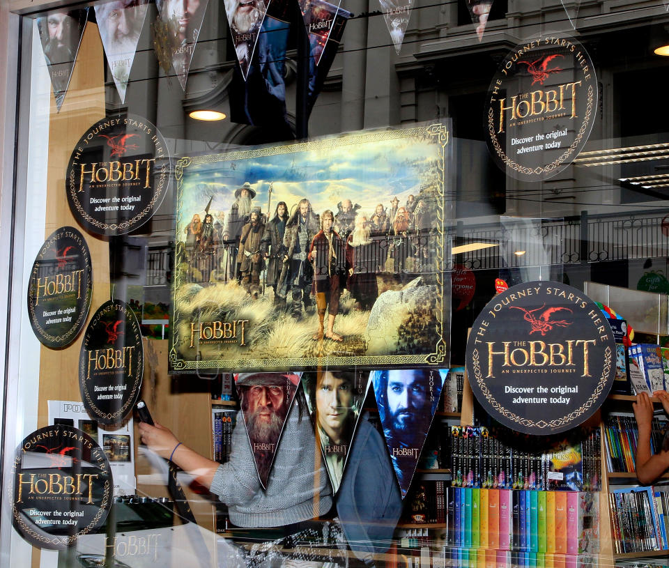 Shop windows advertising the "The Hobbit" book and movie in the central business district in Wellington, New Zealand in 2012. (Credit: Marty Melville/AFP via Getty Images)