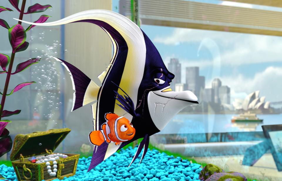 Gill (voiced by Willem Dafoe, right) befriends little Nemo (Alexander Gould) in Disney/Pixar's animated "Finding Nemo."