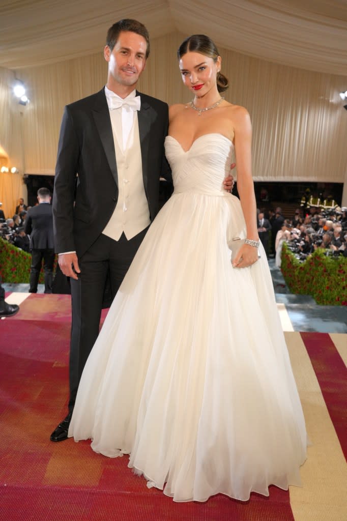 CEO of Snap Evan Spiegel is married to supermodel and Kora Organics founder Miranda Kerr. The couple attended the gala together in 2022, where Kerr wore a Grace Kelly-inspired gown created by Oscar de la Renta. Getty Images for The Met Museum/Vogue