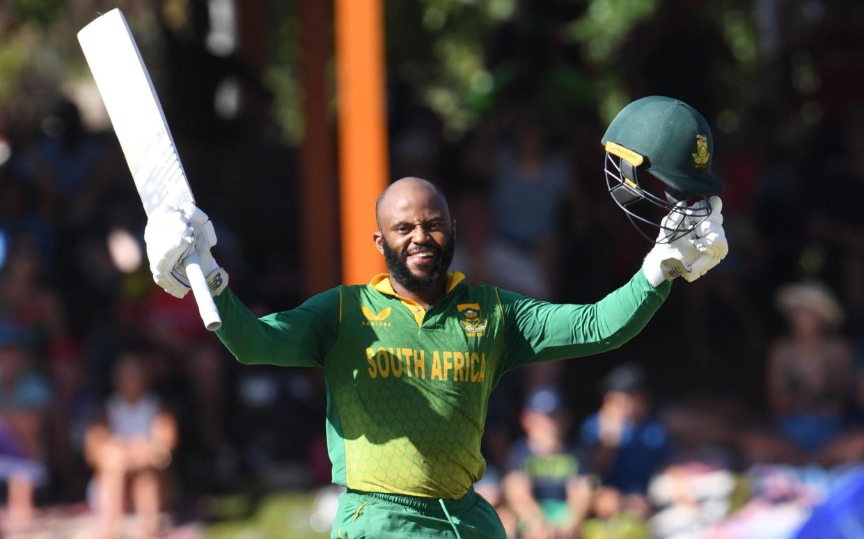 Temba Bavuma of the Proteas celebrates his 100 runs during the ICC CWCSL, 2nd Betway ODI match between South Africa and England at Mangaung Oval on January 29, 2023 in Bloemfontein, South Africa - Getty Images/Lee Warren