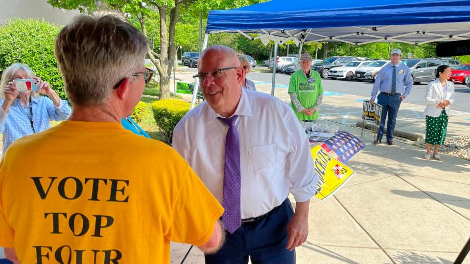 PHOTO: Larry Hogan greeting people at an early voting site in Potomac, Md. (Tal Axelrod/ABC News)