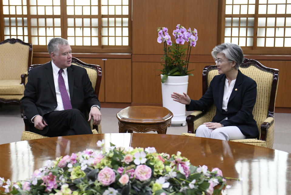 South Korean Foreign Minister Kang Kyung-wha, right, talks with U.S. special envoy for North Korea Stephen Biegun, left, during their meeting at the Foreign Ministry in Seoul Tuesday, Sept. 11, 2018. (Jung Yeon-je/Pool Photo via AP)