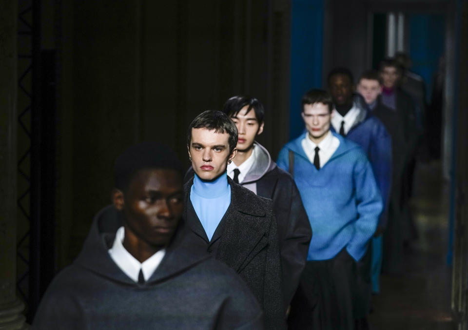 A model wears a creation for Valentino as part of the Menswear ready-to-wear Fall-Winter 2024-2025 collection presented in Paris, Saturday, Jan. 20, 2024. (AP Photo/Michel Euler)