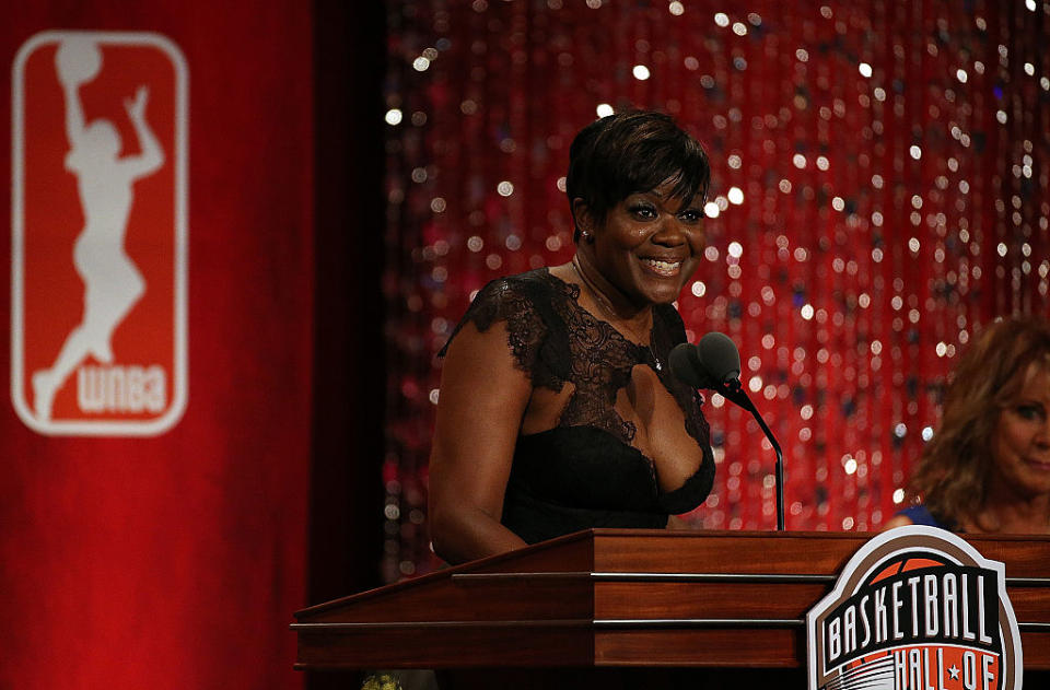 Sheryl Swoopes reacts during the 2016 Basketball Hall of Fame Enshrinement Ceremony at Symphony Hall on September 9, 2016 in Springfield, Massachusetts. (Photo by Jim Rogash/Getty Images)