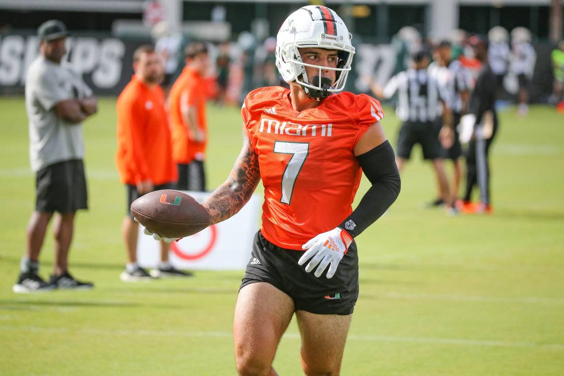 Miami Hurricanes wide receiver Xavier Restrepo (7) runs practice drills at Greentree Practice Field at the University of Miami in Coral Gables on Friday, August 5, 2022. 