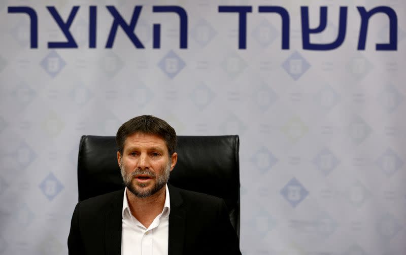 Israeli Finance Minister Bezalel Smotrich speaks to the media in Jerusalem