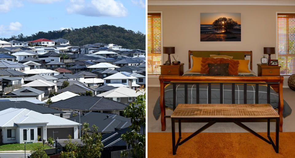 The rooftops of houses (left) and a bedroom (right).