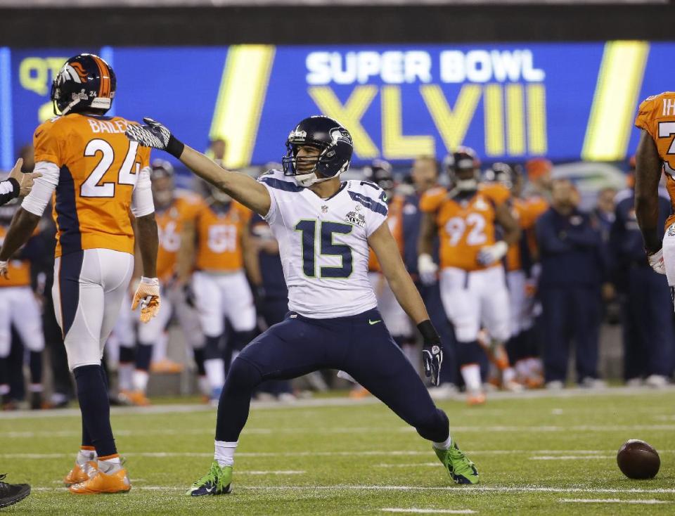 Seattle Seahawks' Jermaine Kearse (15) reacts to a first down during the first half of the NFL Super Bowl XLVIII football game against the Denver Broncos Sunday, Feb. 2, 2014, in East Rutherford, N.J. (AP Photo/Matt Slocum)