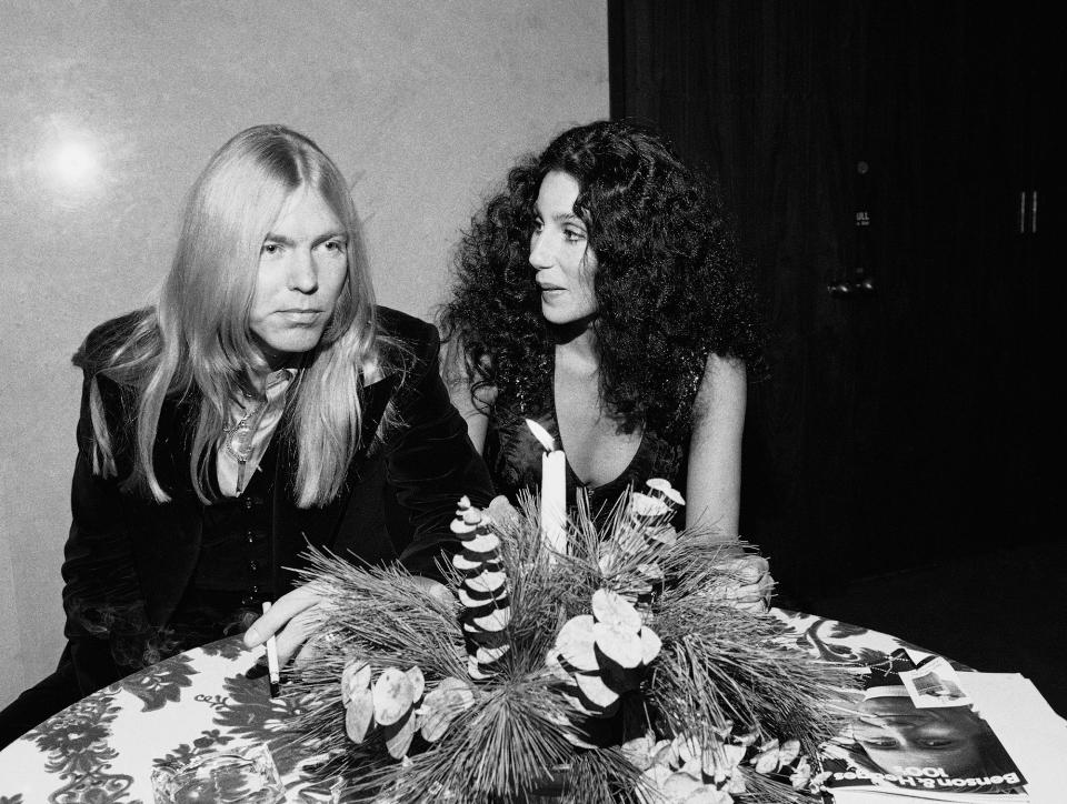 <p>Gregg Allman, left, sits with Cher in this undated photo. Allman and singer, actress Cher were married from 1975 to 1979 and they have a son, Elijah Blue Allman. (AP Photo) </p>