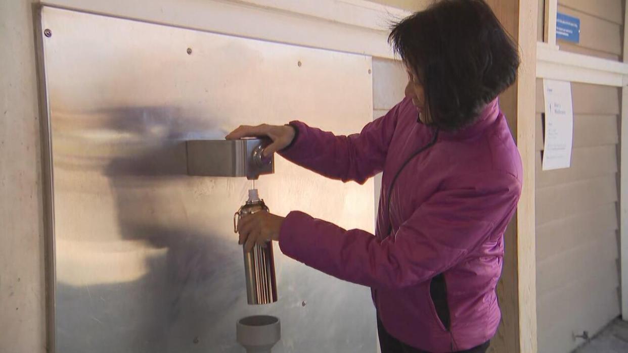 On Friday, Toronto Mayor Olivia Chow announced at Woodbine Bathing Station that park washrooms and water fountains will open earlier this year, thanks to warmer-than-usual temperatures.  (Pelin Sidki/CBC - image credit)