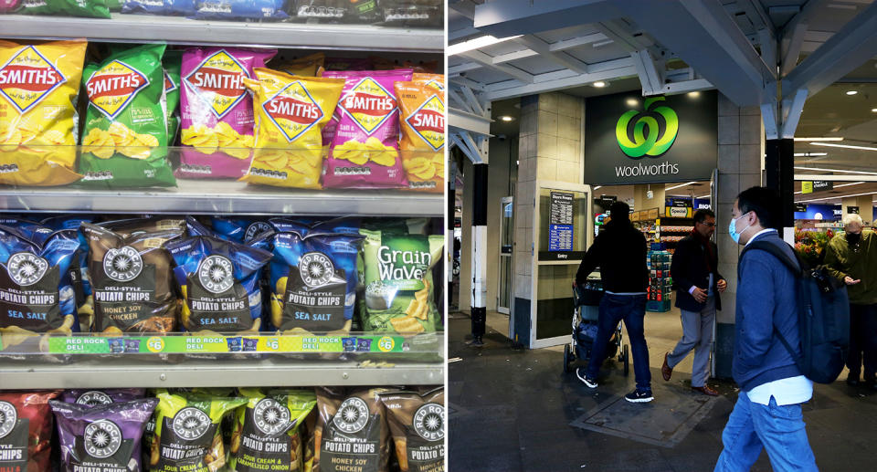Bags of chips on supermarket shelves during the cost of living crisis. People walking into a Woolworths store. 