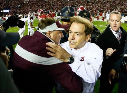 Nick Saban and the Tide kept Dan Mullen's Bulldogs under wraps throughout a 25-20 game Saturday. (Getty)