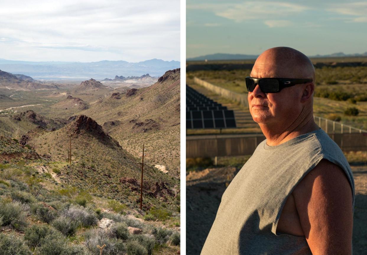 <span>Left: mountain view overlooking the distant Fort Mohave. Right: resident Mac McKeever in front of the proposed gas peaker plant site.</span><span>Photograph: Marshall Scheuttle/The Guardian</span>