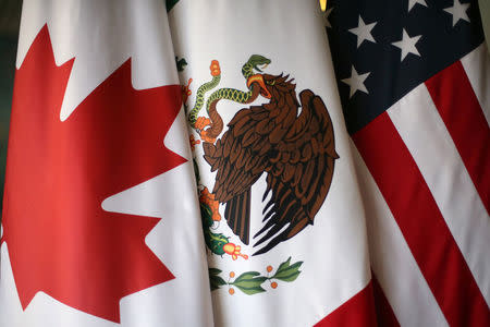 Flags are pictured during the fifth round of NAFTA talks involving the United States, Mexico and Canada, in Mexico City, Mexico, November 19, 2017. REUTERS/Edgard Garrido