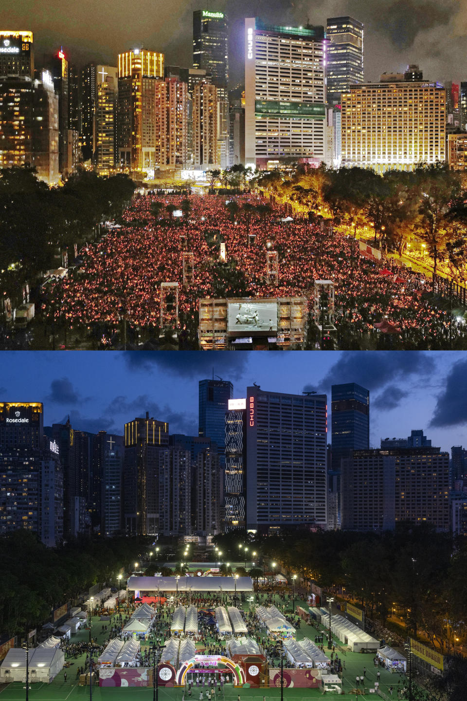 In this two photo combination image, at top thousands of people attend the annual candlelight vigil in Hong Kong's Victoria Park, June 4, 2019 to mark the anniversary of the military crackdown on the 1989 pro-democracy student movement in Beijing, and bottom shows the same venue taken over by a carnival organized by pro-Beijing groups to mark the city's 1997 handover to China on the 34th anniversary of the crackdown, June 4, 2023. (AP Photo)