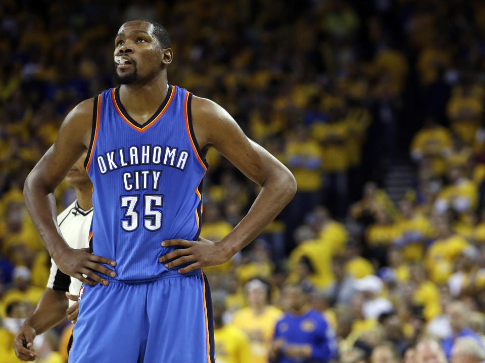 Kevin Durant is pretty certain the Thunder will raise his No. 35 to the rafters one day. (AP)