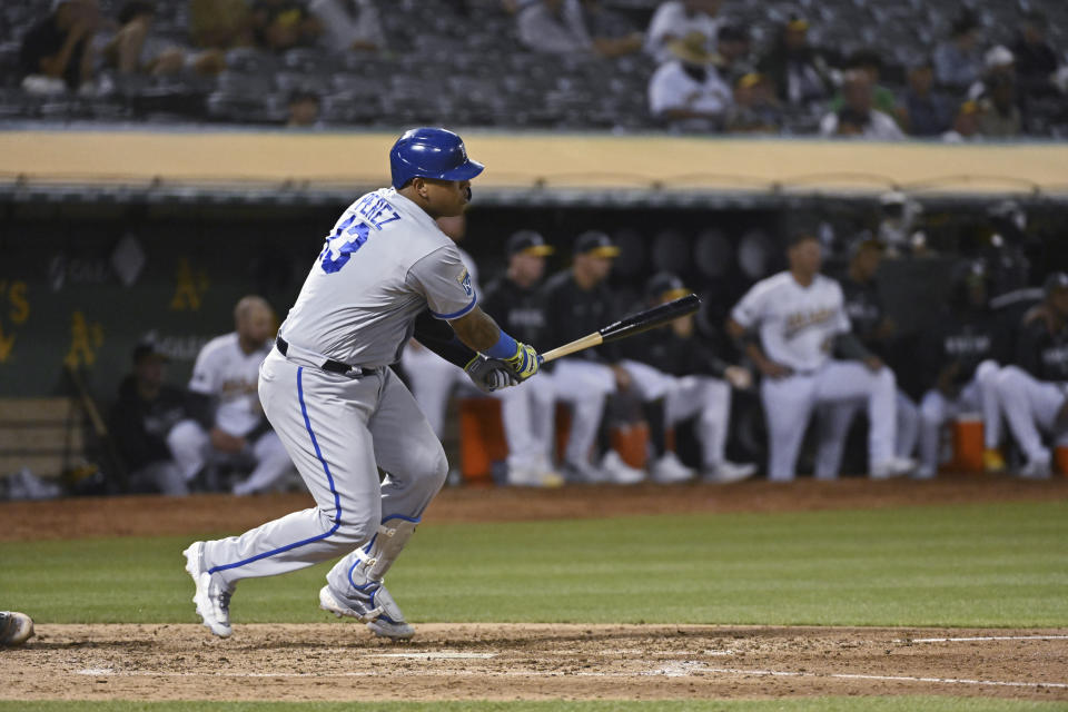 Kansas City Royals' Salvador Perez watches his two-run single against the Oakland Athletics during the fifth inning of a baseball game in Oakland, Calif., Tuesday, Aug. 22, 2023. (AP Photo/Nic Coury)