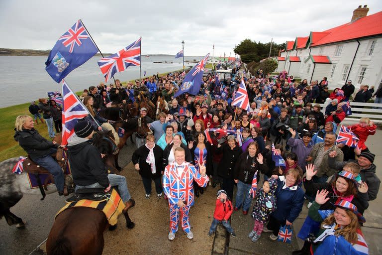 Residents gather in Stanley, the capital of the Falkland Islands, on March 10, 2013, during a referendum. Polls closed in the Falkland Islands on the first day of a two-day vote intended to show the world that the residents want to stay British amid increasingly bellicose claims by Argentina