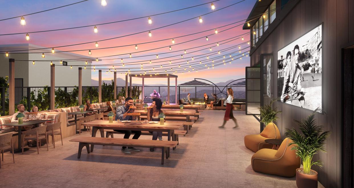 Renderings of Soprana, a Italian brick oven pizza restaurant on the rooftop of Embassy Suites Downtown Asheville