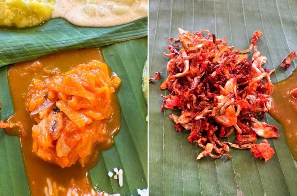 Pineapple 'pachadi' is a good refresher for the tongue with its tangy and slightly sweet taste (left). Cabbage 'poriyal' is reinvented as a crispy vegetable with spices (right)