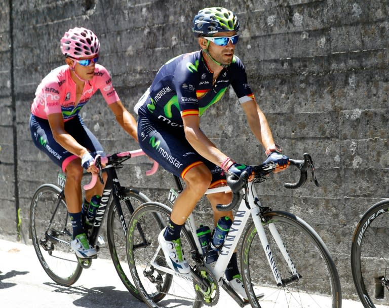 Andrey Amador rides behind teammate Alejandro Valverde of team Movistar during the 14th stage of the 99th Giro d'Italia, Tour of Italy, from Farra d'Alpago to Corvara on May 21, 2016