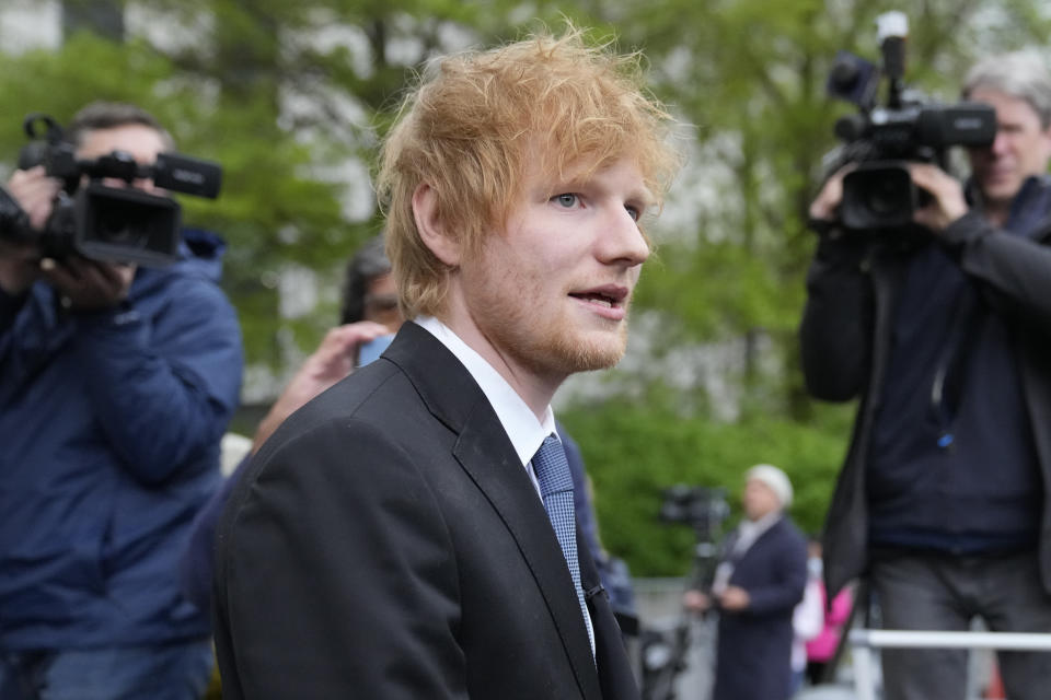 Recording artist Ed Sheeran departs after speaking to the media outside New York Federal Court after wining his copyright infringement trial, Thursday, May 4, 2023, in New York. A federal jury concluded that Sheeran didn't steal key components of Marvin Gaye’s classic 1970s tune “Let’s Get It On” when he created his hit song “Thinking Out Loud.” (AP Photo/John Minchillo)