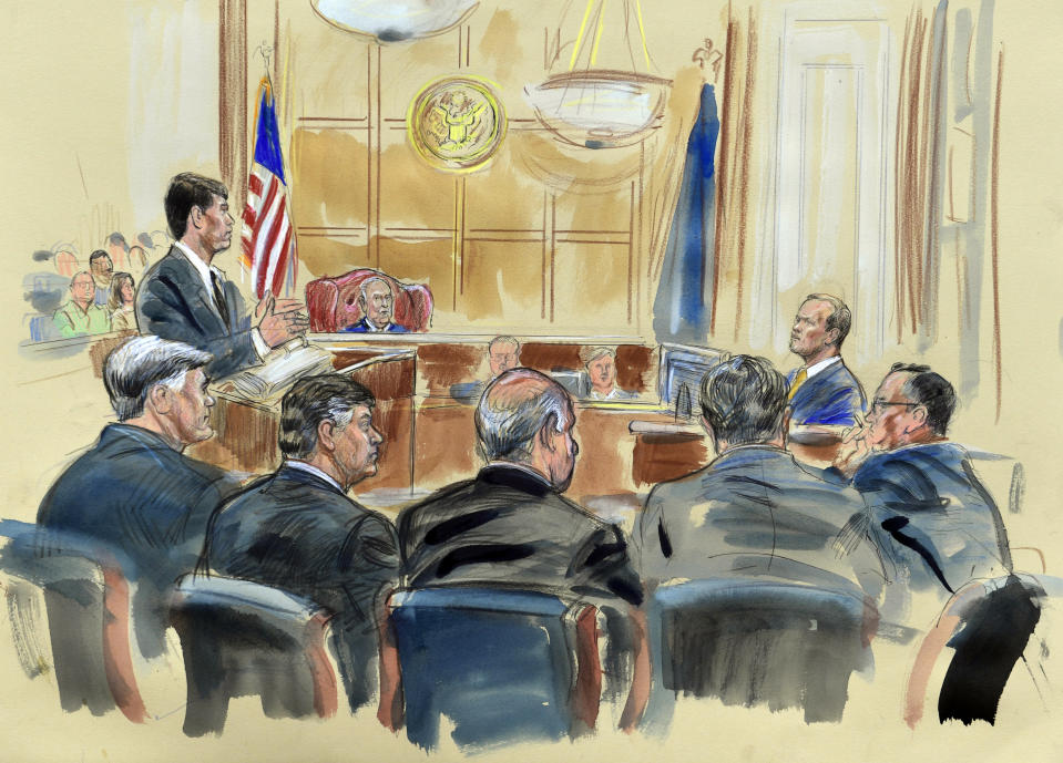 <p>This courtroom sketch depicts Rick Gates, right, answering questions by prosecutor Greg Andres as he testifies in the trial of Paul Manafort, seated second from left, at the Alexandria Federal Courthouse in Alexandria, Va., Monday, Aug. 6, 2018. U.S. district Judge T.S. Ellis III presides as Manafort attorney’s including Kevin Downing, left, Thomas Zehnle, third from left, listen. (Photo: Dana Verkouteren via AP) </p>