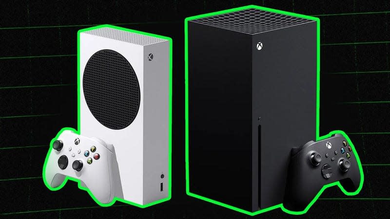 Xbox Series X/S consoles appear in front of a black background. 