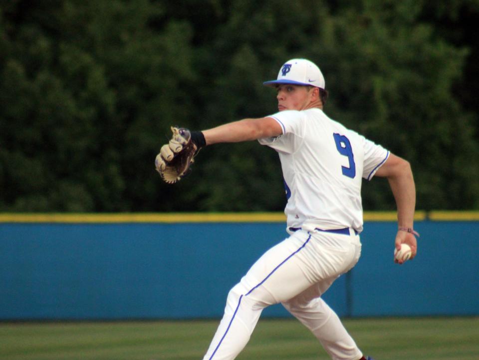 Trinity Christian's Brayden Harris (9) delivers a pitch during the 2023 playoffs.