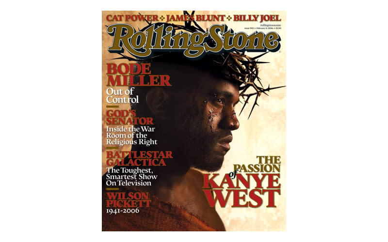 <p>Kanye West dressed as Jesus on the cover of Rolling Stone back in 2006 playing reference to the 1968 cover of <em>Esquire</em> which starred Muhammad Ali in a similar pose. <em>[Photo: Rolling Stone]</em> </p>