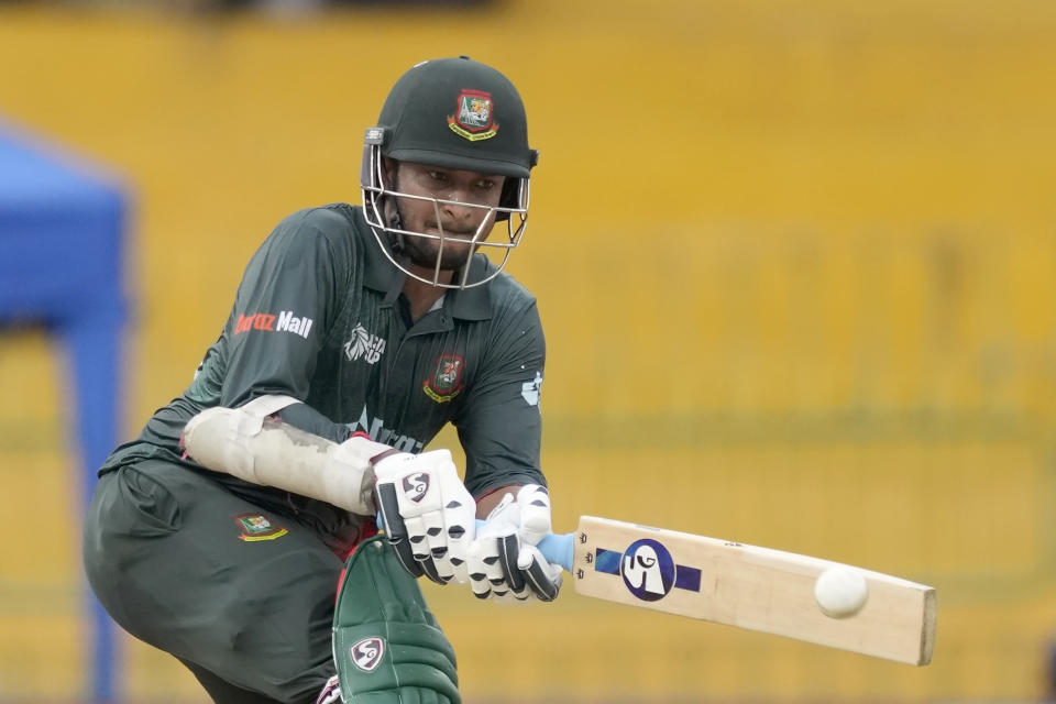 Bangladesh's Shakib Al Hasan plays a shot during the Asia Cup cricket match between Bangladesh and India in Colombo, Sri Lanka, Friday, Sept.15, 2023. (AP Photo/Eranga Jayawardena)