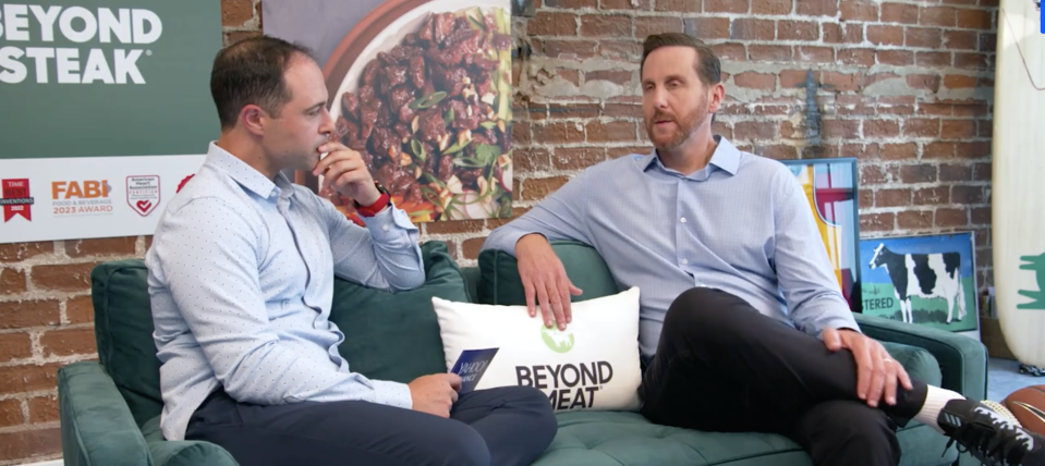 Yahoo Finance Executive Editor Brian Sozzi (left) chats with Beyond Meat founder and CEO Ethan Brown (right) about the path forward for the plant-based meat company inside its new El Segundo, Calif., headquarters. (Yahoo Finance)