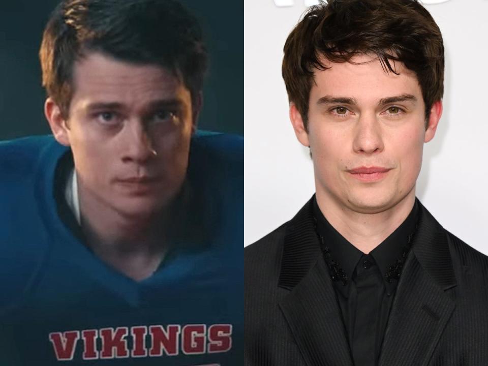 Left: Nicholas Galitzine as Jeff in "Bottoms." Right: Galitzine in March 2023.