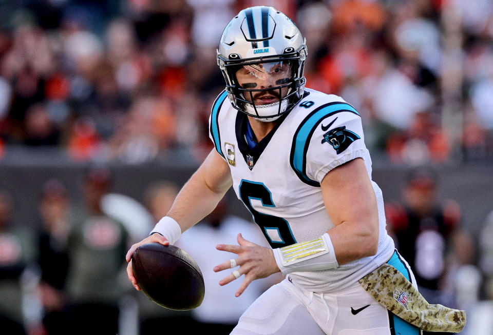 CINCINNATI, OHIO - NOVEMBER 06: Baker Mayfield #6 of the Carolina Panthers scrambles during the third quarter in the game against the Cincinnati Bengals at Paycor Stadium on November 06, 2022 in Cincinnati, Ohio. (Photo by Andy Lyons/Getty Images)