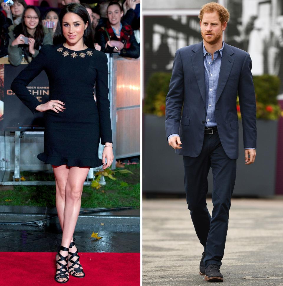 These photos show Meghan Markle attending a movie premiere in London in 2013 and Prince Harry in London in 2016. / Credit: JUSTIN TALLIS, ANDREW COWIE/AFP via Getty Images