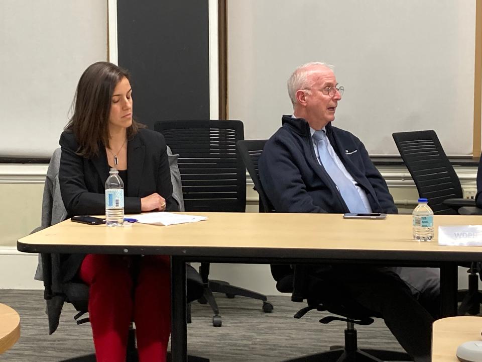 Stephanie Manzi, vice president of substance use and disorder services at Community Healthlink, and Gordon Benson, the nonprofit's interim president, address the Board of Health on Monday.