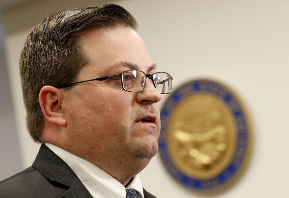 Arizona Nursing Board President Randy Quinn speaks after a special meeting Friday, Jan. 25, 2019, in Phoenix, regarding former Hacienda HealthCare nurse Nathan Sutherland who is accused of raping an incapacitated woman who later gave birth. Arizona Gov. Doug Ducey is looking into whether the state can remove the board of directors of Hacienda HealthCare. (AP Photo/Matt York)
