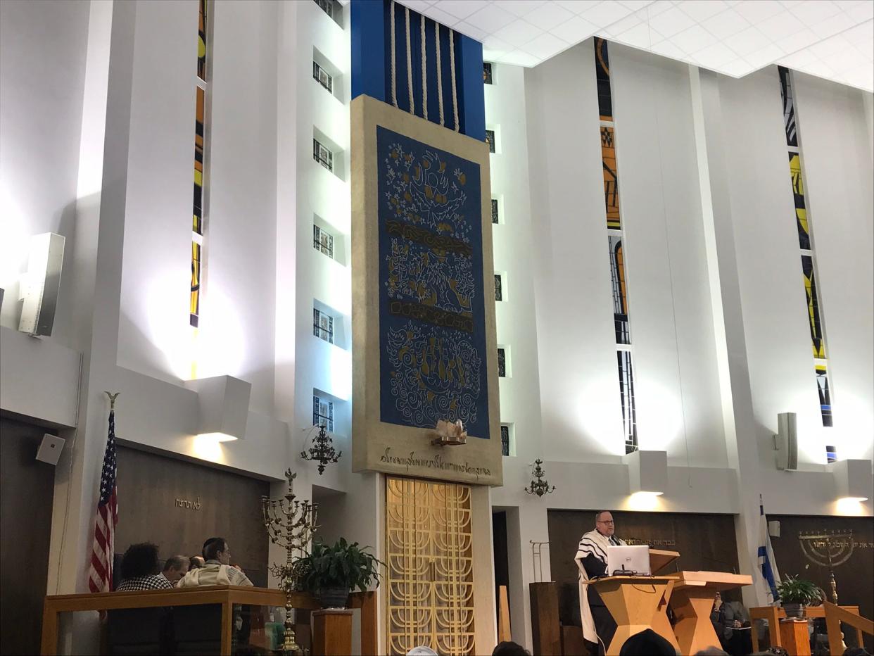 There was an antisemitic attack on May 2, 2024, outside Congregation Beth Shalom in Oak Park, according to police and synagogue leaders. The synagogue is pictured here during an interfaith vigil on Oct. 30, 2018, when Rabbi Robert Gamer was speaking, to remember the victims of the Pittsburgh synagogue attack that killed eleven people.