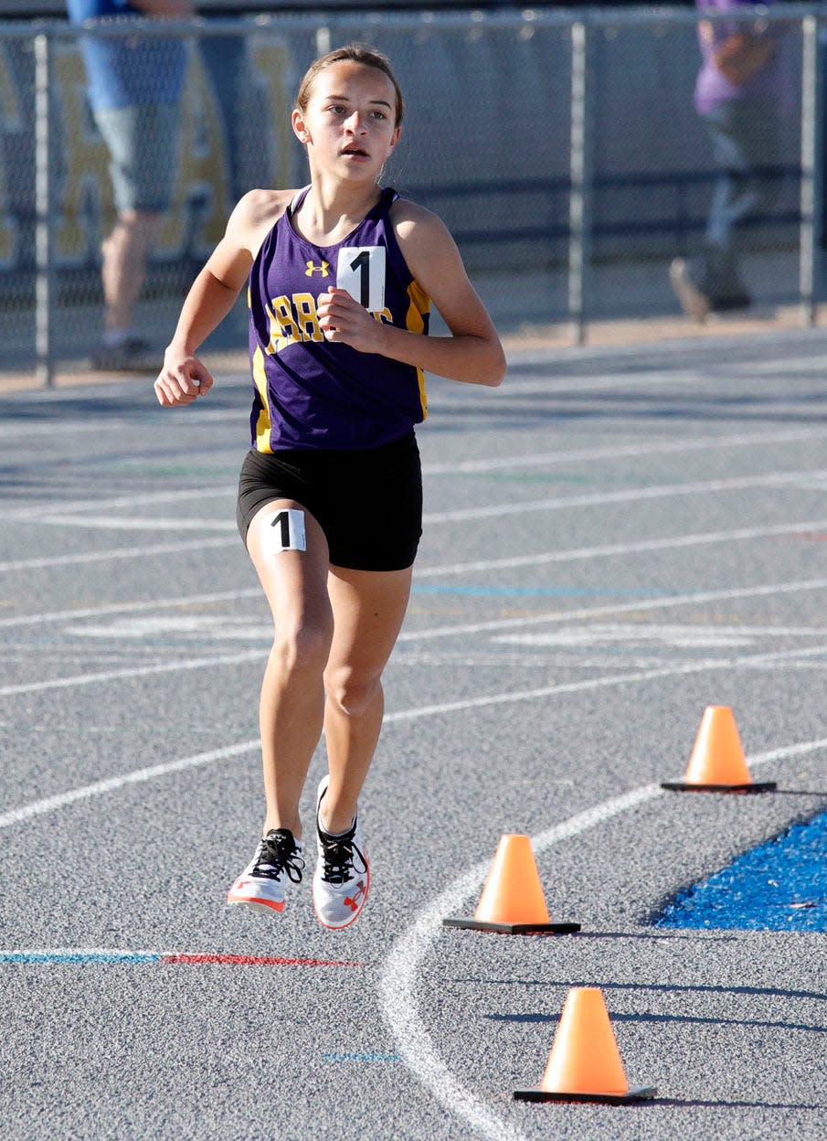 Watertown’s Grace McElroy runs in the lead in the girls 1600-meter run during a high school track and field dual with Aberdeen Central on Monday, April 22, 2024 at the Brownell Activities Complex in Aberdeen.