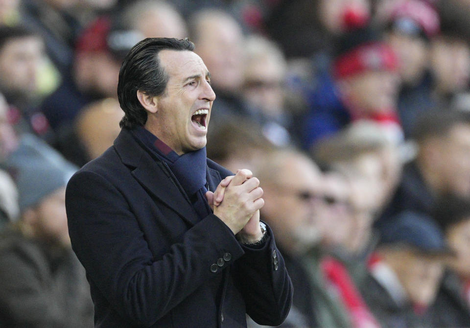 Aston Villa's head coach Unai Emery reacts during the English Premier League soccer match between Brentford and Aston Villa, at the Gtech Community Stadium in London, Sunday, Dec. 17, 2023. (AP Photo/Dave Shopland)