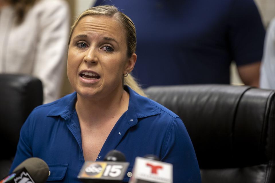 Mesa police Officer Elisha Gibbs speaks during a press conference regarding allegations of sexual harassment against Mesa police Officer Jeffrey Neese on July 18, 2019, in Tempe.