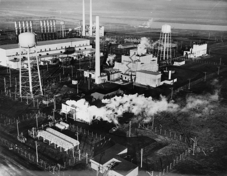 Hanford’s B Reactor, the world’s first full-scale production reactor, is shown from the air in 1944. Courtesy Department of Energy