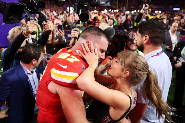Travis Kelce and Taylor Swift after the Kansas City Chiefs won Super Bowl LVIII. - Credit: Ezra Shaw/Getty Images