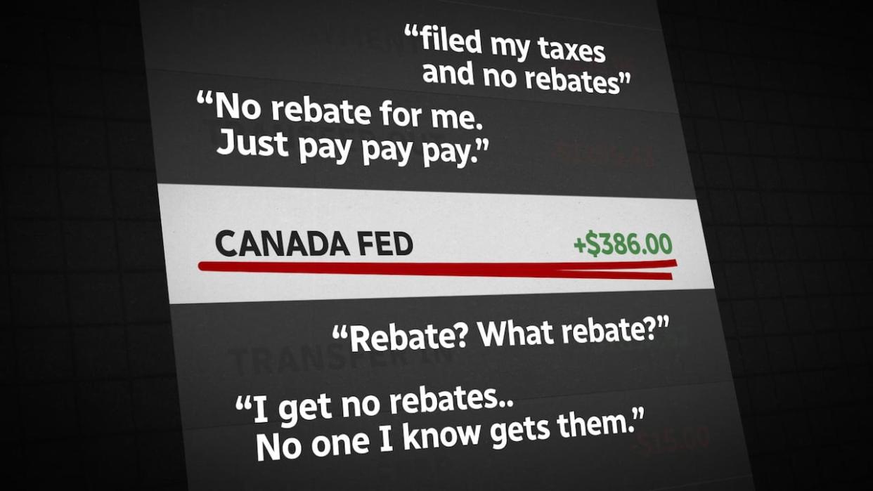 Examples of real comments on social media regarding the carbon tax rebates, and a real example of how the rebate has appeared on bank statements under a nondescript name. (CBC illustration - image credit)