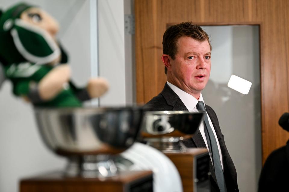 Michigan State hockey head coach Adam Nightingale talks to media in his renovated office during a tour of Munn Ice Arena on Friday, Sept. 23, 2022, in East Lansing.